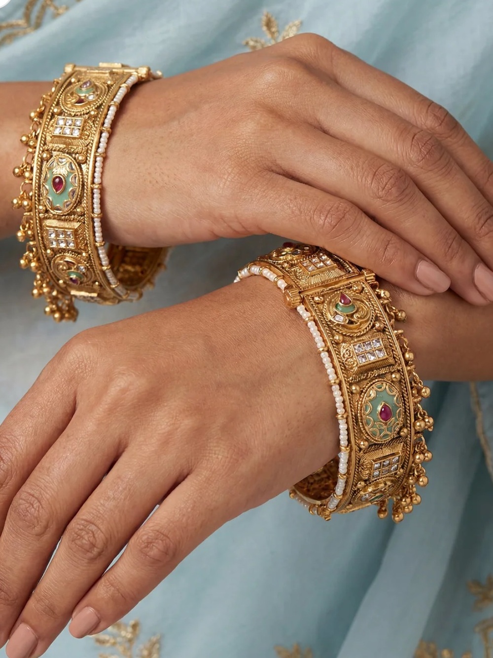 Traditional Gold-Tone Kundan and Bead Women's Bangles - Openable